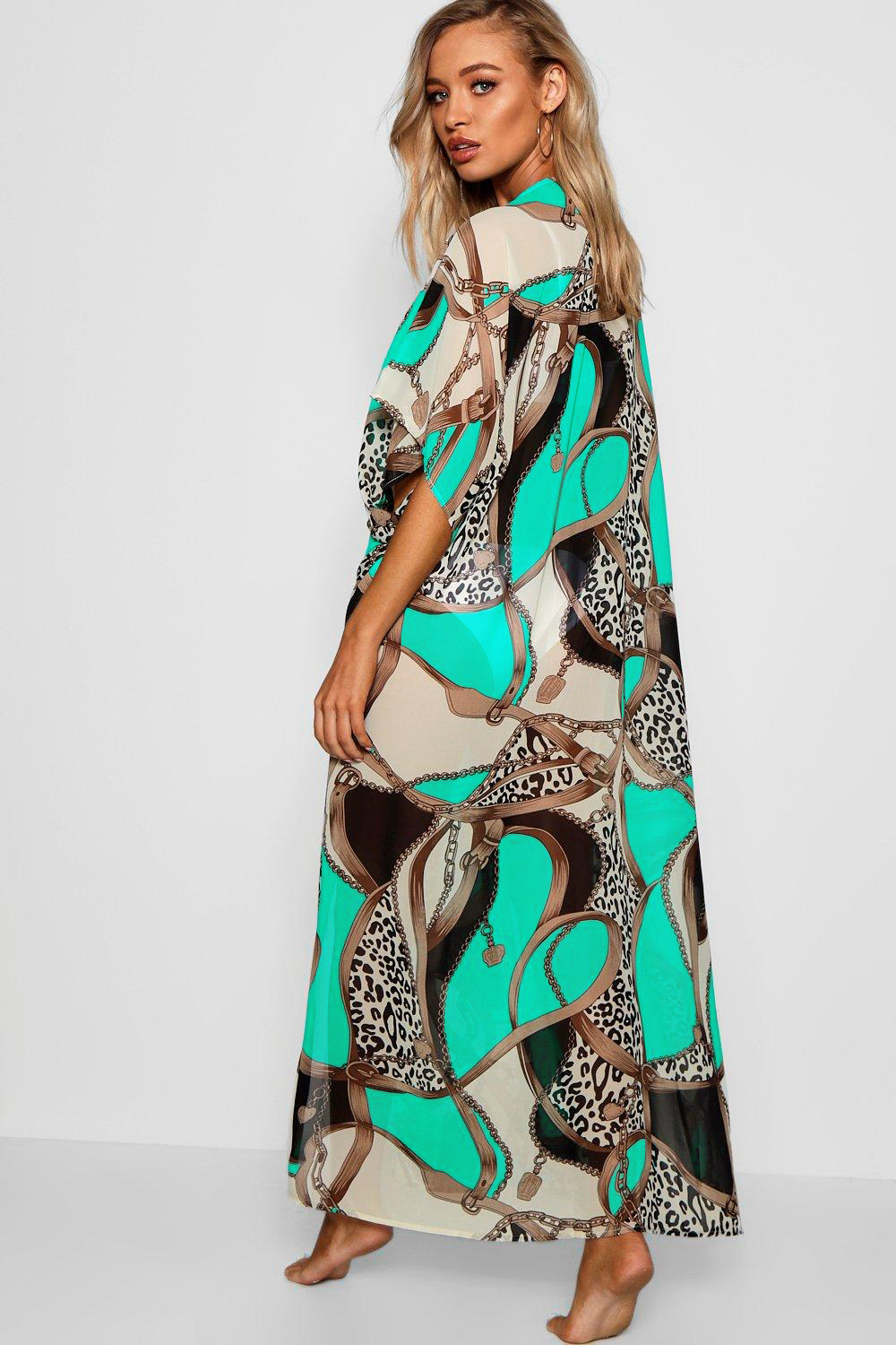 F4758 Boohoo Chain Print Maxi Beach Kimono Femme blue